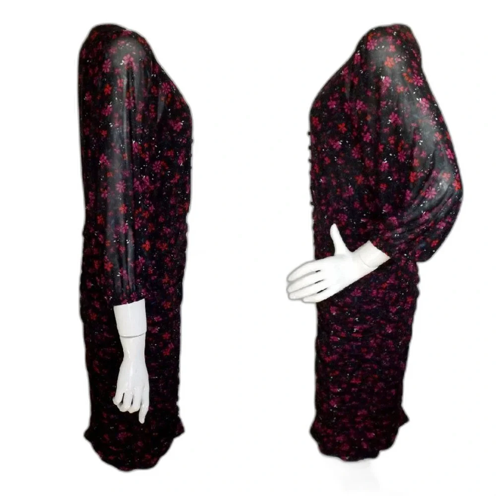 new TORRID Dress, 0/L, Black, Red/Purple Floral, Ruched Skirt, Scoop neck, Meshy - Picture 9 of 16